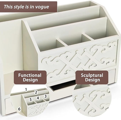 White Wooden Mail Organizer with Drawer, Three Tiered Desk Accessories for Office Organization and Storage, Stylish Countertop Document Storage, Home/Office/Classroom Supplies (White03)