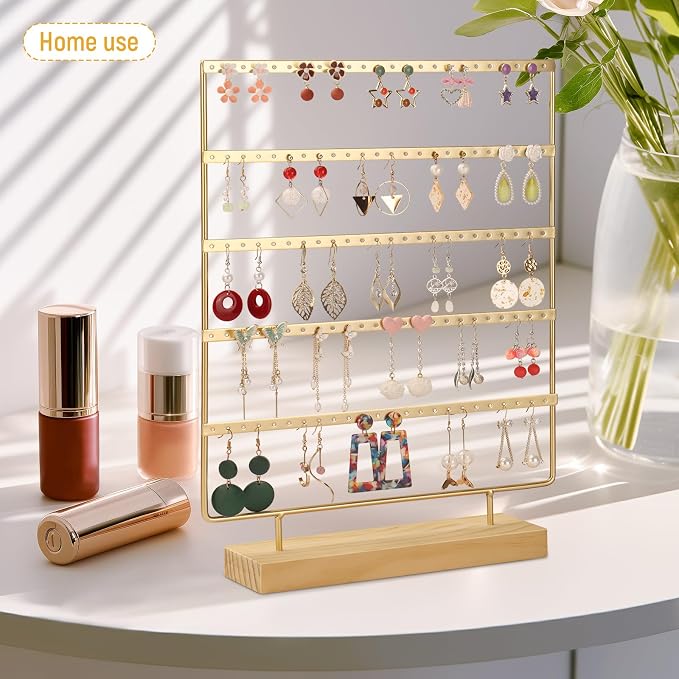 Earring Holder Organizer, 5-Tier Earring Organizer with 60-Pair Capacity, Wooden Base Metal Earring Display, Jewelry Storage & Display for Home Store, Suitable for Women