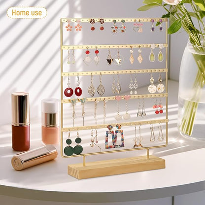 Earring Holder Organizer, 5-Tier Earring Organizer with 60-Pair Capacity, Wooden Base Metal Earring Display, Jewelry Storage & Display for Home Store, Suitable for Women