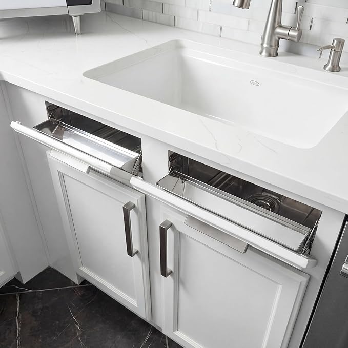 2 Set 16 Inch Stainless Steel Sink Drawer Tip Out Tray Kit Include Tip-Out Sink Trays and Hinges Large Pull Out Storage Organizer for Kitchen Bathroom Base Cabinets