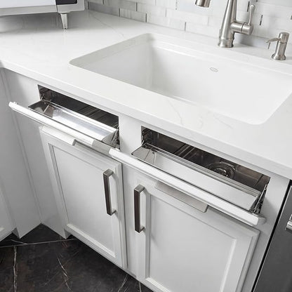 2 Set 16 Inch Stainless Steel Sink Drawer Tip Out Tray Kit Include Tip-Out Sink Trays and Hinges Large Pull Out Storage Organizer for Kitchen Bathroom Base Cabinets