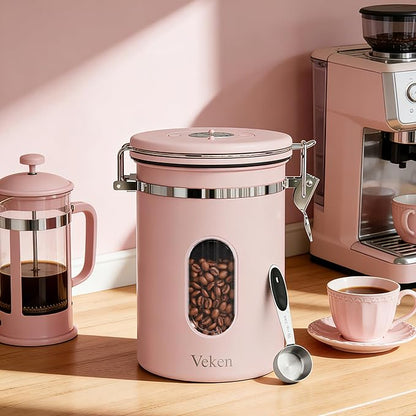Veken Coffee Canister with Window, Airtight Stainless Steel Kitchen Food Storage Container with Lids, Date Tracker and Scoop for Ground, Beans, Tea, Flour, Cereal, Sugar Jars, 22OZ, Pink