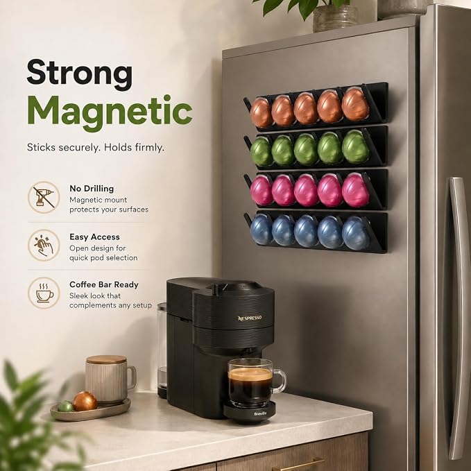 LifeMoreasy Magnetic Coffee Pods Holder for Nespresso Vertuo & Dolce Gusto, Self-Adhesive Wall Mounted Capsule Organizer for Kitchen Cabinet Fridge(4 Packs for 20 Pods)