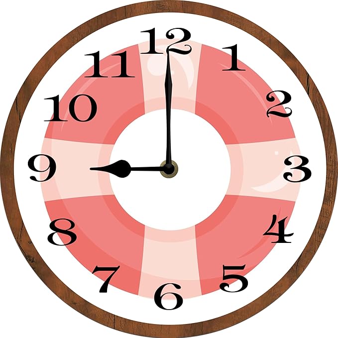 Pink Swimming Circle Wall Clock 10 Inch Wooden Battery Operated Autumn Forest Maple Leaves Wall Clocks Decorative Indoor,Decorative for Kitchen Bathroom Bedroom
