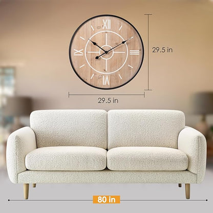 Large Decorative Wall Clock 24 & 30 Inch – Vintage Industrial Farmhouse Modern Style – Iron & Wood, Silent Non-Ticking Quartz, Roman Numerals – Battery Operated
