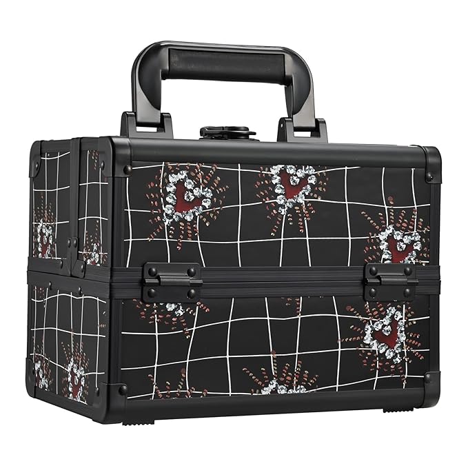 Joligrace Makeup Train Case Portable Makeup Case Organizer 2 Trays Cosmetic Box Storage with Mirror Lockable with Key for Cosmetics Nail Tech Traveling Makeup Travel Box Punk Love Hearts