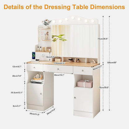 43" Large Vanity Desk with Mirror and Lights, Tri-Fold Mirror Makeup Vanity Table with LED Bulbs, Hidden Storage Drawers & USB Ports, Natural Wood and White Design, Modern Farmhouse Vanity for Bedroom