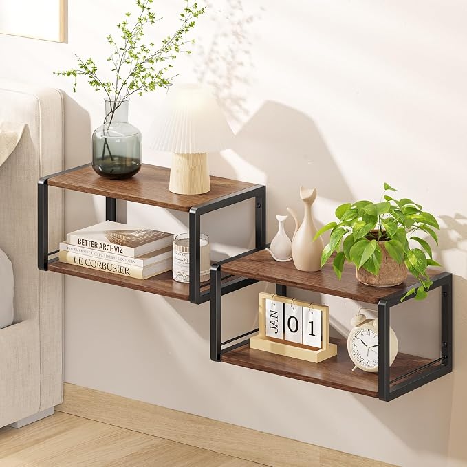 Floating Nightstand Set of 2, Wood Bedside Shelf Wall Mounted Nightstand with Heavy-Duty Frame, Floating Bedside Table for Bedroom, Bathroom, Kitchen, (Vintage Brown, 2 Pack)