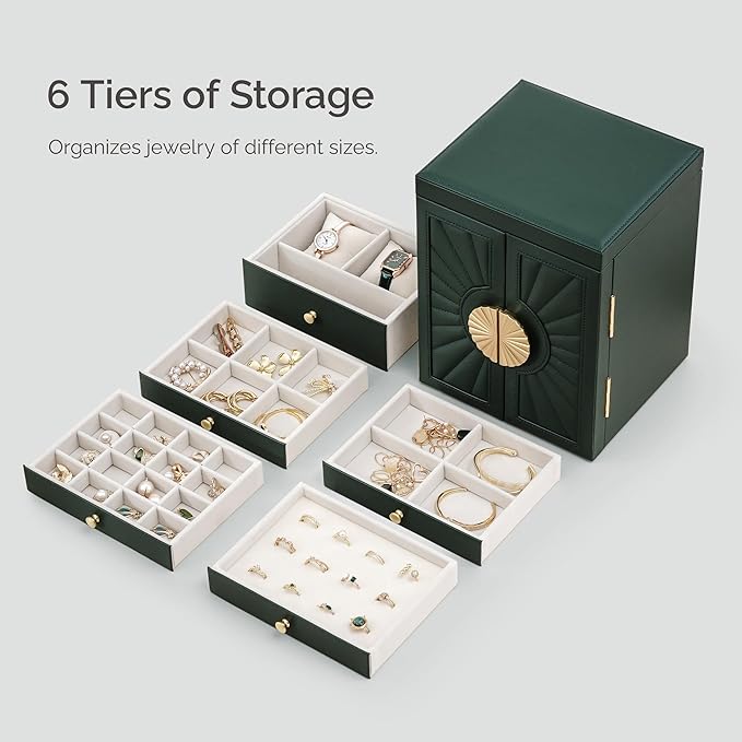 Jewelry Box for Women, 6-Tier Large Jewelry Organizer Box with Mirror, 5 Drawers for Rings Earrings Necklace Bracelets, Exquisite Metal Handle, Dark Green