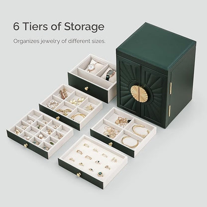 Jewelry Box for Women, 6-Tier Large Jewelry Organizer Box with Mirror, 5 Drawers for Rings Earrings Necklace Bracelets, Exquisite Metal Handle, Dark Green