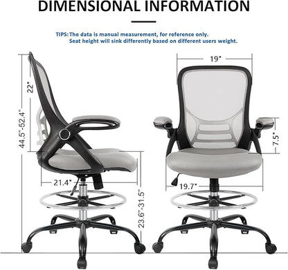 HYLONE Drafting Chair, Tall Office Chair Standing Desk Chair Grey Mesh High-Back Drafting Stool with Flip-Up Arms, Adjustable Foot Ring
