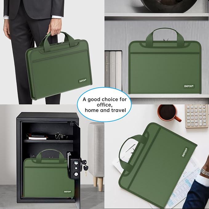 ENGPOW Accordion File Organizer,Fireproof Expanding File Folder with Multi Pockets,13 Pockets Document Organizer with Handle & Labels,Portable Home Travel Safe Storage for Letter A4 Files,Green