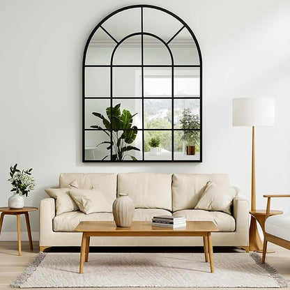 30"×40" Windowpane Arched Wall Mirror, Grid-Designed Decorative Farmehouse Wall Mounted Mirror with Metal Frame Hanging Leaning for Entryway, Living Room, Home Decor, Black