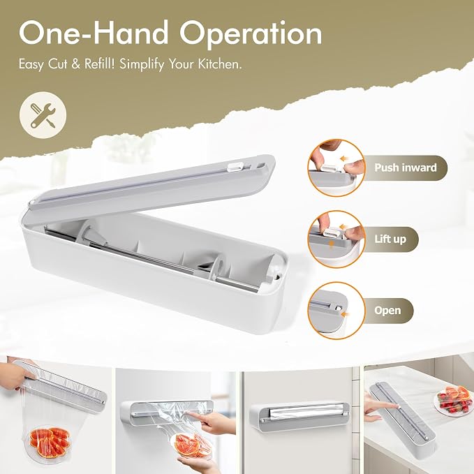 Aluminum Foil & Plastic Wrap Dispenser with Cutter - Magnetic & No-Drill Wall Mount, Cling Film Dispenser for Countertops & Cabinets, Space-Saving Kitchen Organizer - Fits 150 m Rolls, White