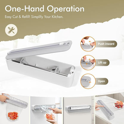 Aluminum Foil & Plastic Wrap Dispenser with Cutter - Magnetic & No-Drill Wall Mount, Cling Film Dispenser for Countertops & Cabinets, Space-Saving Kitchen Organizer - Fits 150 m Rolls, White