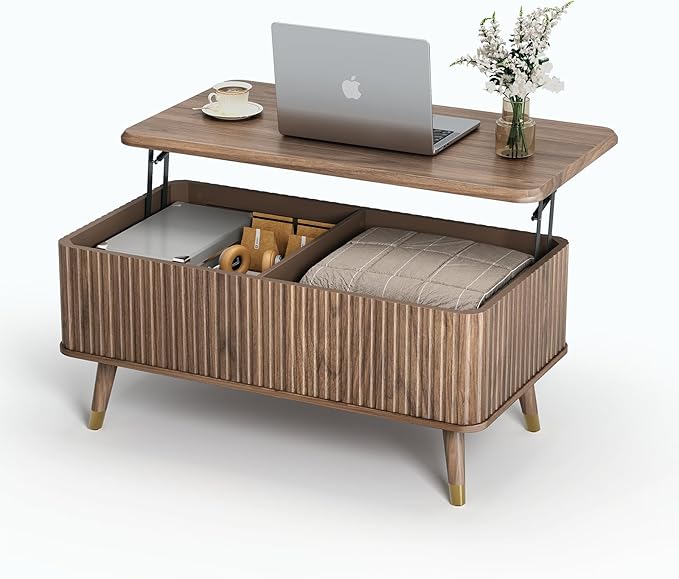 SULIVES Lift Top Coffee Table with Storage,Fluted Coffee Table with Lifting Top,Mid Century Modern Center Table with Solid Wood Legs,Small Coffee Tables for Living Room,Walnut