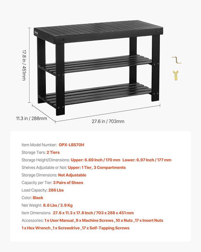 VEVOR Shoe Rack Bench, 3-Tier Bamboo Entryway Bench, Shoe Storage Organizer Holds Up to 286 lbs, 27.6 x 11.3 x 17.8 Inches, for Front Door, Hallway, Living Room, Bedroom, Black