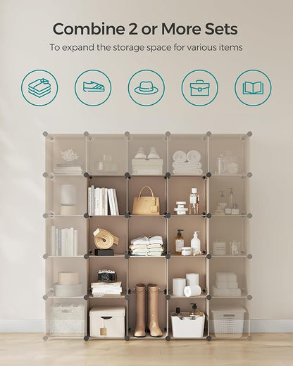 SONGMICS Cube Storage Organizer, Set of 16 Plastic Cubes, Book Shelf, Closet Organizers and Storage, Room Organization, Bedroom Living Room, 12.2 x 48.4 x 48.4 Inches, Camel Brown ULPC442K01