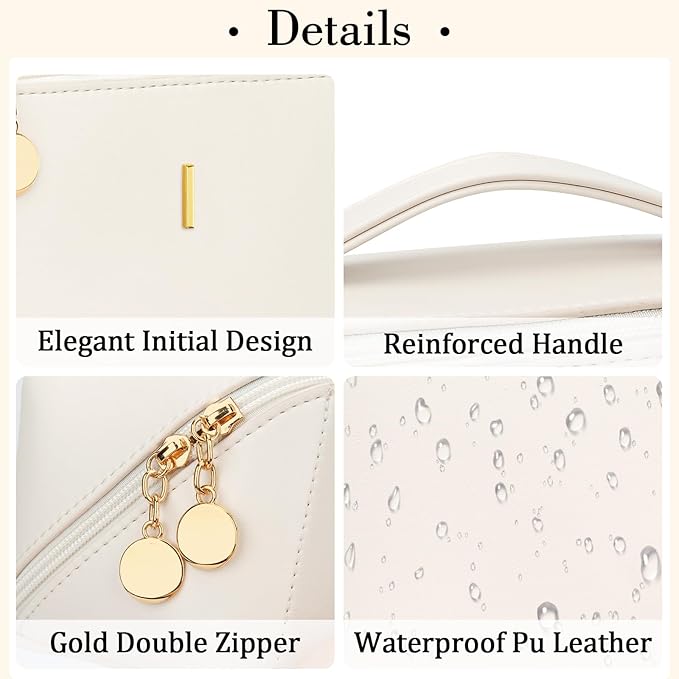 Valentine's Day Gifts for Women Teen Girl, Personalized Initial Makeup Organizer Bag Set, Open Flat Travel Cosmetic Bag With Clear Divider and Handle(Beige,I)