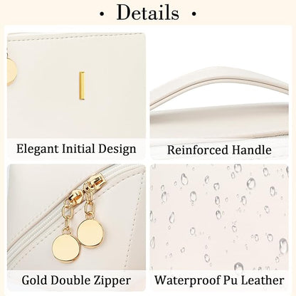 Valentine's Day Gifts for Women Teen Girl, Personalized Initial Makeup Organizer Bag Set, Open Flat Travel Cosmetic Bag With Clear Divider and Handle(Beige,I)
