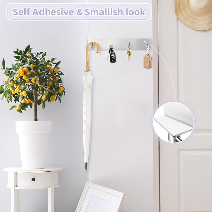 VIS'V Key Holder Wall Mount, Large Metal Self Adhesive Key Hanger with 4 Hooks, No Drilling, Extra Adhesive Strip, Silver
