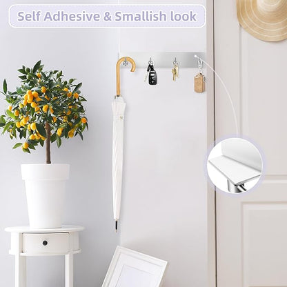 VIS'V Key Holder Wall Mount, Large Metal Self Adhesive Key Hanger with 4 Hooks, No Drilling, Extra Adhesive Strip, Silver