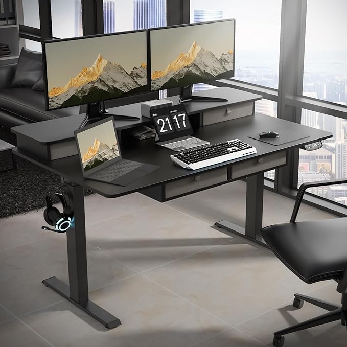 55 * 30 Inches Electric Standing Widened Desk Adjustable Height with 4 Drawers, Double Storage Shelves Stand Up Desk, Home Office Workstation Sit Stand up Desk (Classical Black)