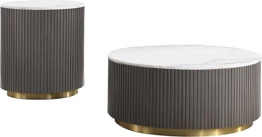 Coaster Home Furnishings - Jason - Wood and Metal - 2-Piece Coffee Table Set with Marble Tops, Reeded Drum Bases, and Gold Ring Accents - Living Room- Charcoal and White Marble - 710418-S2