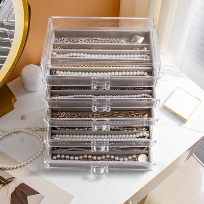 YUFONG Necklace Holder Organizer, Dustproof Necklace Box Velvet Necklace Organizer Box with Lid Clear Acrylic Dustproof Stackable Jewelry Displays for Necklaces Chain Display (Gray, 5 Drawer)