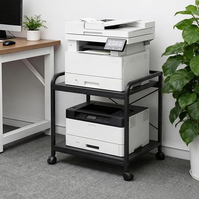 Garvee Under Desk Printer Stand, 2 Tier Printer Stand with Height Adjustable Storage Shelf, 20" Deep Large Rolling Printer Cart with Wheels for Home Office, Black