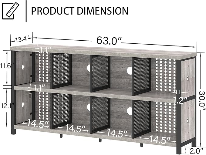 LVB Industrial 4 5 6 7 8 Cube Bookcase, Rustic Wood Metal Horizontal Bookshelf, Modern Wide Cube Organizer Storage Shelf, Large Long Low Book Shelf for Office Bedroom Living Room, Light Grey Oak 63 In