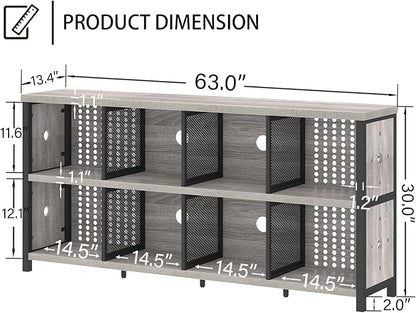 LVB Industrial 4 5 6 7 8 Cube Bookcase, Rustic Wood Metal Horizontal Bookshelf, Modern Wide Cube Organizer Storage Shelf, Large Long Low Book Shelf for Office Bedroom Living Room, Light Grey Oak 63 In