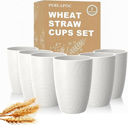 Wheat Straw Unbreakable Drinking Cups, 12 OZ Tumbler Set of 6, Lightweight Reusable Cups, Reusable Cups Alternative to Plastic, Dishwasher Safe Tumbler for Kitchen, Camping, RV, White