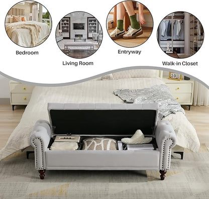 58.1" Storage Bench Upholstered Velvet End of Bedroom Bed Bench Ottoman with Tufted Cushioned Rolled Arm Large Storage Space for Reading Living Room Entryway, Light Grey