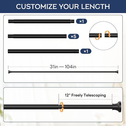 STARLATTA Adjustable Shower Curtain Rod 31-104 Inch, Never Rust Stainless Steel Black Tension Rod, 1" Heavy Duty No-Drill for Bathroom, Kitchen & Closet