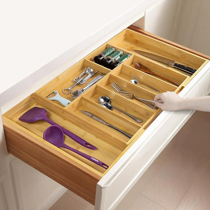 Utoplike Extra Large Kitchen Drawer Organizer, Expandable Solid Bamboo Drawer Holder for Utensils, Silverware, Flatware, 7-9 Slots Cutlery Tray