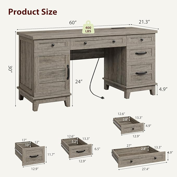 60" Traditional Home Office Desk with Power Outlets, Wooden Executive Desk with File Cabinet and Drawers, Farmhouse Wood Work Desk for Work, Study, Writing, Gray