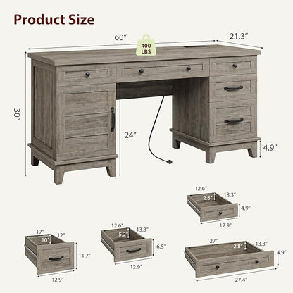 60" Traditional Home Office Desk with Power Outlets, Wooden Executive Desk with File Cabinet and Drawers, Farmhouse Wood Work Desk for Work, Study, Writing, Gray