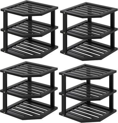 3 Tier Bamboo Corner Shelf(4 Pack),Dish Drying Rack,Plate Organizer,Kitchen Spice Rack for Countertop and Cabinet(Black)