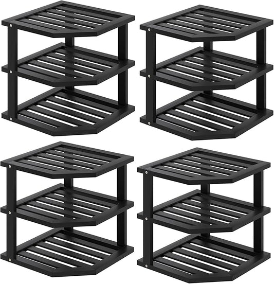3 Tier Bamboo Corner Shelf(4 Pack),Dish Drying Rack,Plate Organizer,Kitchen Spice Rack for Countertop and Cabinet(Black)