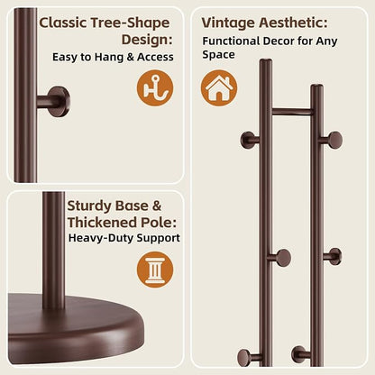Uniclinens Wood Coat Rack Freestanding - Heavy Duty Freestanding Coat Rack, Wooden Coat Stand with 6 Hooks Creative Tree Branch-look for Entryway, Hallway, Bedroom (Dark Walnut)