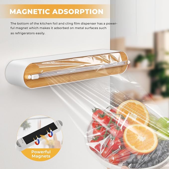 Magnetic Plastic Wrap Dispenser with Cutter - Practical Refillable Cling Wrap Aluminum Foil Dispenser with Slide Cutter, 12 Inch X 164 Feet Kitchen Food Cling Film Included, Bamboo-style