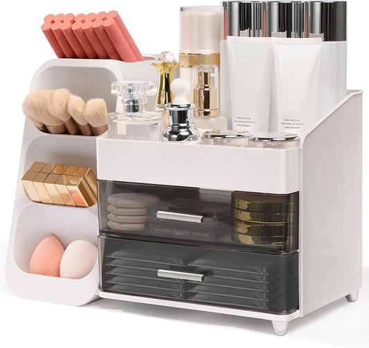 Brothersbox Makeup Organizer with Brush Holder for Vanity, Large Countertop Skincare Storage with 2 Drawers, Holds Lipsticks, Nail Polishes, Perfumes, Brushes - Gift for Women, White