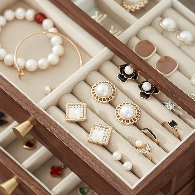 Black Walnut Wooden Jewelry Box for Women large 4 Layer Drawer Organizer Box with Glass Lid for Necklaces, Watch, Necklace, Ring, Earring Storage - Christmas Gifts
