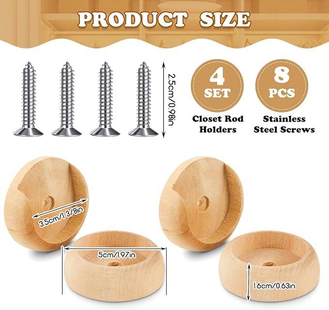 Yookeer 4 Pack Wooden Closet Pole Sockets 1-3/8" Closet Rod Holders Pole Holders for Wardrobe Hallway Bathroom Curtain Clothing Store(Wood Color)