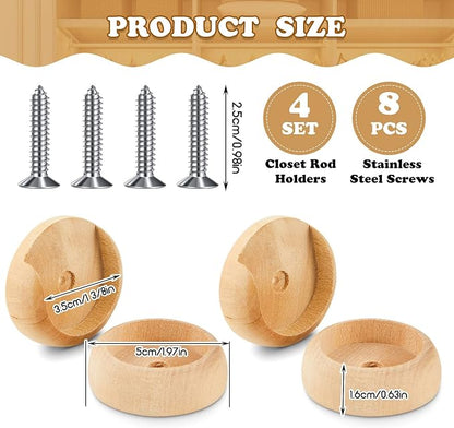 Yookeer 4 Pack Wooden Closet Pole Sockets 1-3/8" Closet Rod Holders Pole Holders for Wardrobe Hallway Bathroom Curtain Clothing Store(Wood Color)
