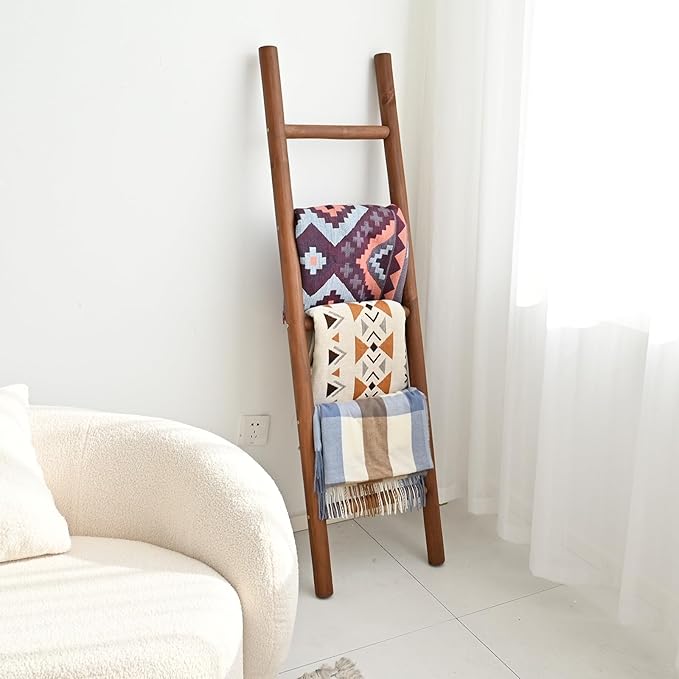 FUIN 57in Wood Blanket Ladder Living Room Decorative Wall Leaning Farmhouse Quilt Display Holder Rustic Wooden Towel Rack for Bathroom, Dark Brown
