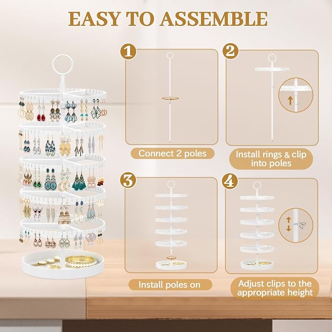 MODOWEY 5 Tier Rotating Earring Holder Organizer Display Tree with Metal Tray, Adjustable Plastic Stand with 285 Slots for Stud Hoop Hanger, Large Capacity Storage Rack for Women Space Saving, White