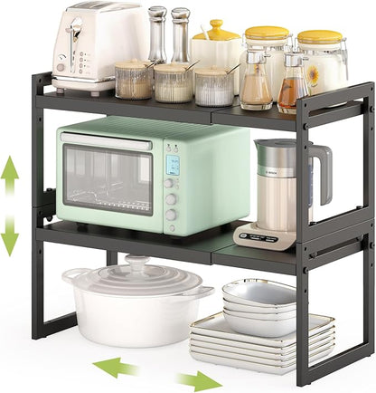 DOLALIKE Expandable Kitchen Countertop Organizer, Stackable Cabinet Shelf Organizers, Space Saving Spice Rack Pantry Storage for Bathroom Office Organization (Black, 2 Pack)