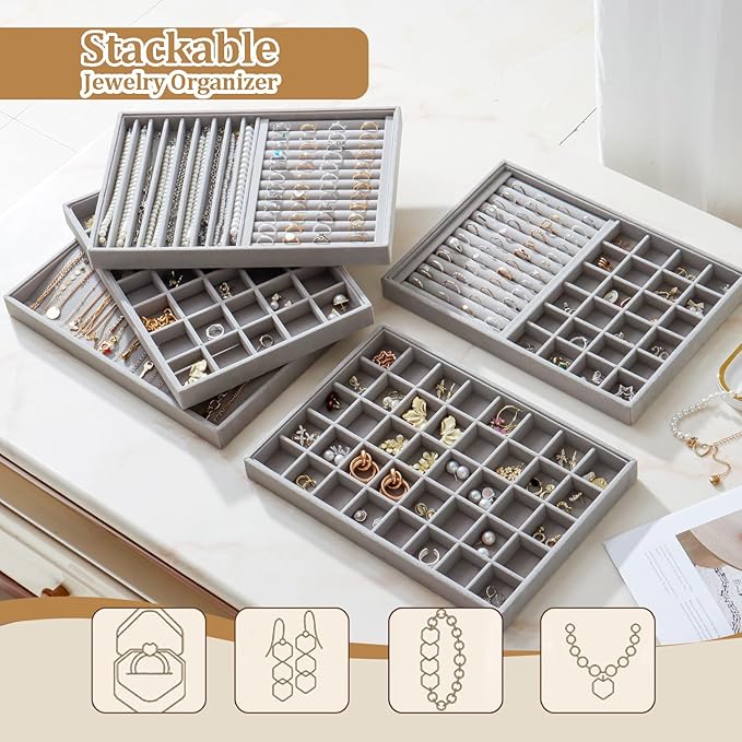 Large Velvet Jewelry Tray 2 Pack Stackable Jewelry Display Drawer Inserts Trays Organizer for Earring Bracelet Necklace Ring (Gray, Ring and 24 Grids)